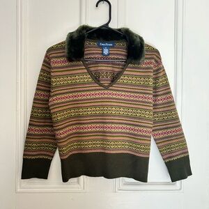 Evan Picone Multicolor V-Neck Sweater with Faux Fur Collar